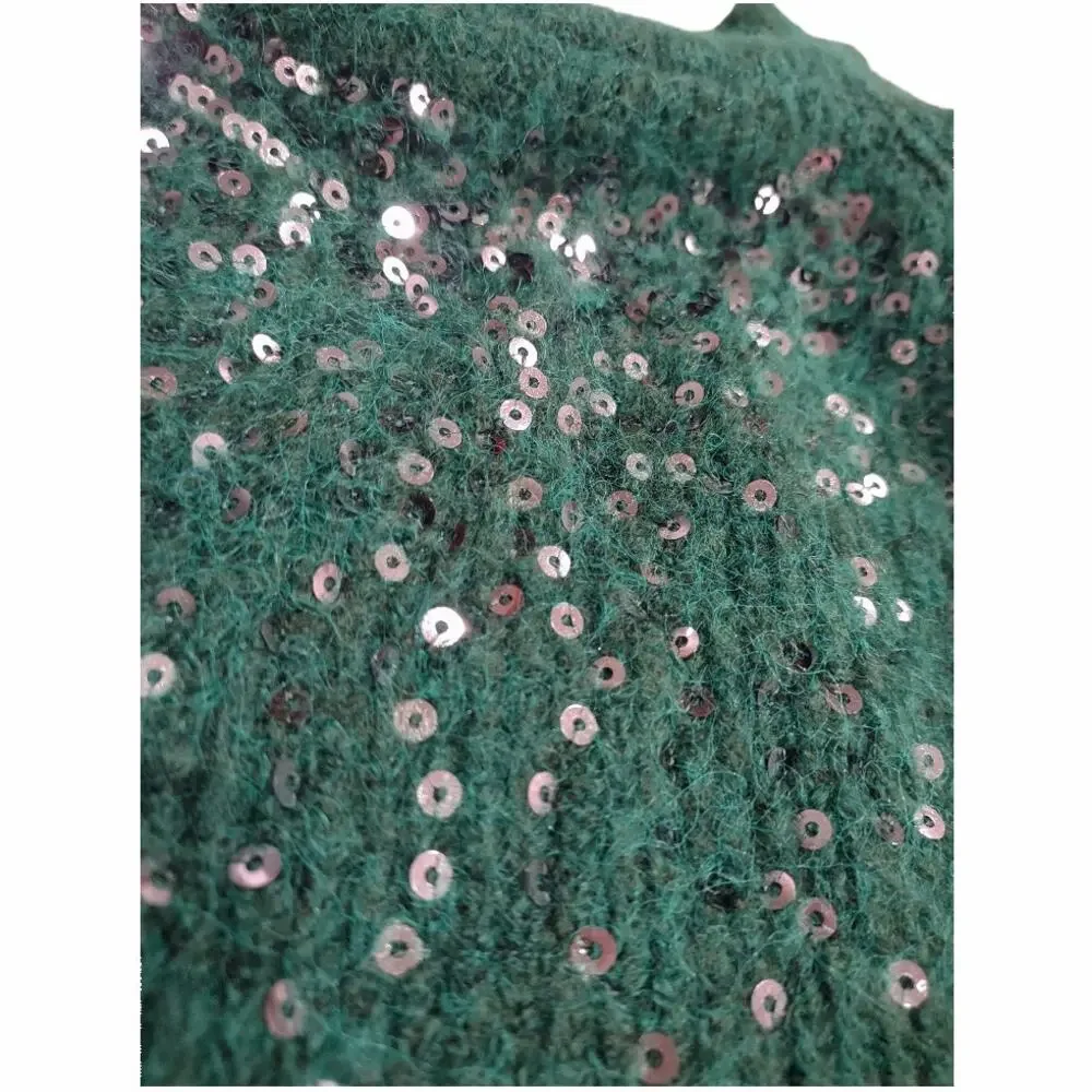 MARKS & SPENCER Green Sweater Size M Silver Sequins Crew Neck Raglan Sleeve Cozy